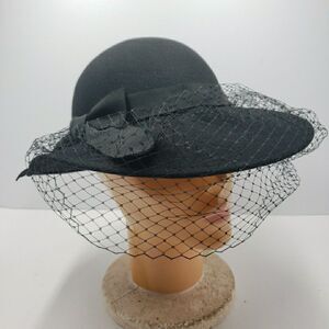 Vintage Doeskin Geo W. Bollman & Co 100% Wool Felt Hat Black Mesh Veil Bow